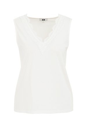 Mouwloze witte top met een V-hals en kantafwerking langs de hals. Gemaakt van zachte stof, met een losse pasvorm en een gladde textuur.