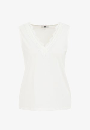 Kätev valge ilma varrukateta topp, millel on V-kaelus ja pitsmineeritud kaelus. Valmistatud pehmest kangast, omab mugavat lõiget ja sujuvat tekstuuri.