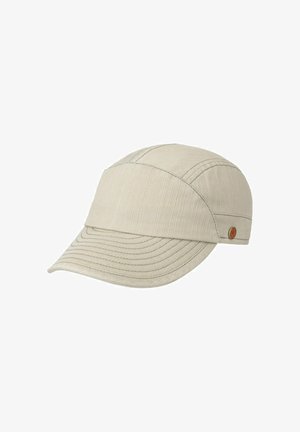 Light beige cotton cap with curved brim and visible stitching, featuring a small round brown logo on the side.