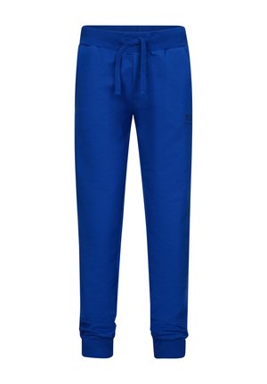 Blaue Sweatpants aus weichem Material, mit einem elastischen Bund und Kordelzug, schmal zulaufenden Bündchen und minimaler Markenkennzeichnung an der Seite.