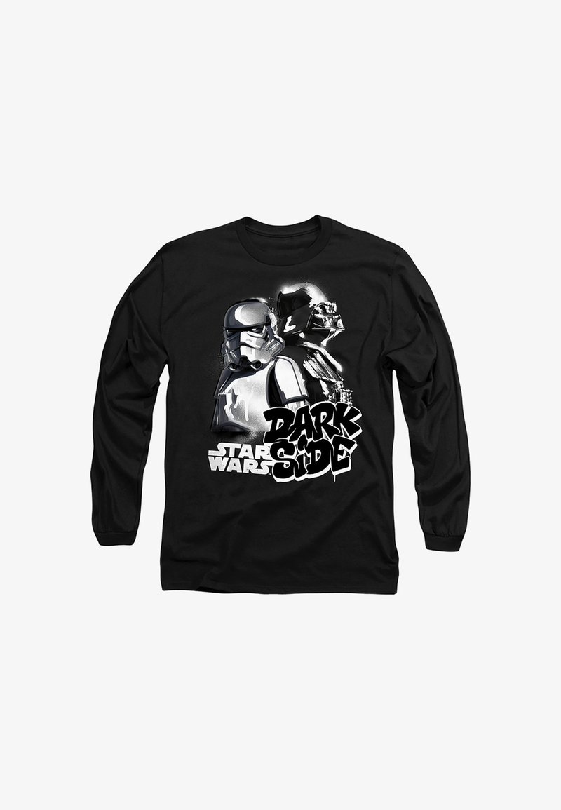 Black long-sleeve shirt with white graphic of Star Wars Stormtrooper and Darth Vader, text reads "Star Wars Dark Side."