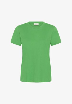 Hellgrünes T-Shirt mit kurzen Ärmeln und Rundhalsausschnitt, schlichtes Design, vor weißem Hintergrund dargestellt.