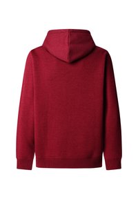 Raudonas gobtuvas su minkšta tekstūra, raukšlėtomis rankovėmis ir apačia. Nugarinė dalis lygi, su centriniu siūlu, einančiu per vidurį.