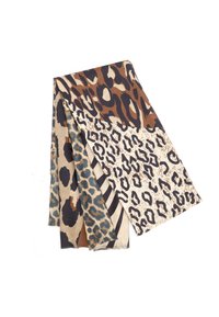 Sciarpa con stampa leopardata caratterizzata da vari motivi in marrone, beige e teal, con una combinazione di texture e design sul tessuto.