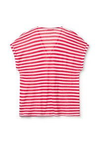 Camiseta de rayas en gris claro con rayas horizontales rojas, con escote en forma de V, mangas cortas y un corte holgado. Textura de tela suave.