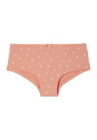 Rosa Damen-Hipster-Unterwäsche mit kleinen weißen Kirschdrucke und einer kleinen Schleife in der Mitte des Bündchens.