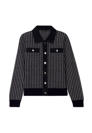 Kariertes Cardigan in Marineblau und Weiß mit Kragen, gerippten Bündchen, zwei vorderen Taschen und silbernen Knopfverschlüssen. Strukturiertes Strickmaterial.