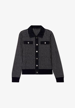 Kariertes Cardigan in Marineblau und Weiß mit Kragen, gerippten Bündchen, zwei vorderen Taschen und silbernen Knopfverschlüssen. Strukturiertes Strickmaterial.