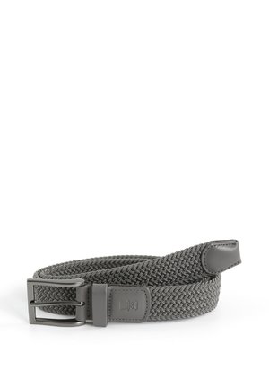 Dark gray woven fabric belt with metal buckle and stitched leather accents, coiled on a white background.