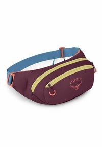 Bordeauxfarbene Hüfttasche mit zwei gelben Reißverschlüssen, verstellbarem blauen Gurt und orangefarbenen Akzenten. Texturiertes Material mit einem Osprey-Logo-Design.