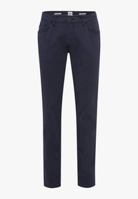 Pantalons navy blue ajustés en coton, dotés d'une fermeture à bouton, de poches avant et d'une texture lisse.