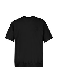 T-shirt nera a maniche corte realizzata in morbido cotone. Presenta un collo rotondo, orlo a coste e un logo in rilievo discreto sul retro.