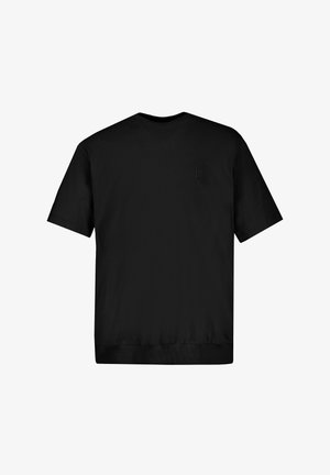 Schwarzes T-Shirt mit kurzen Ärmeln aus weicher Baumwolle. Verfügt über einen Rundhalsausschnitt, einen gerippten Saum und ein dezentes, geprägtes Logo auf der Rückseite.