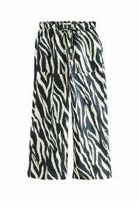 Pantalons larges en imprimé zèbre noir et blanc, avec une taille élastique à cordon et deux poches avant. Tissu léger.