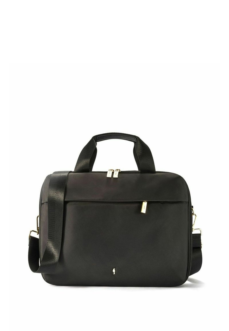 Czarna torba na laptopa z tkaniny, z podwójnymi uchwytami u góry, regulowanym paskiem na ramię, złotymi zamkami błyskawicznymi oraz szczegółową kieszenią z przodu.