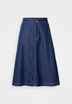 Denim skirt, deep blue, A-line silhouette, high waist, button closure, visible stitching, knee-length with a smooth texture.