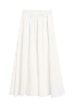 Jupe blanche, longue et fluide avec une taille élastique et des plis doux, présentée sur un fond uni.