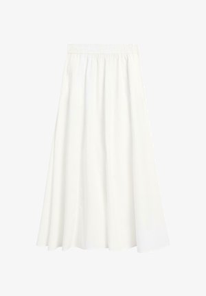 Jupe blanche, longue et fluide avec une taille élastique et des plis doux, présentée sur un fond uni.