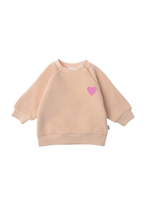 Hellbeige Sweatshirt aus weichem Stoff, mit einem pinken Herzensgrafik auf der Brust, Ribbelbündchen und Saum.