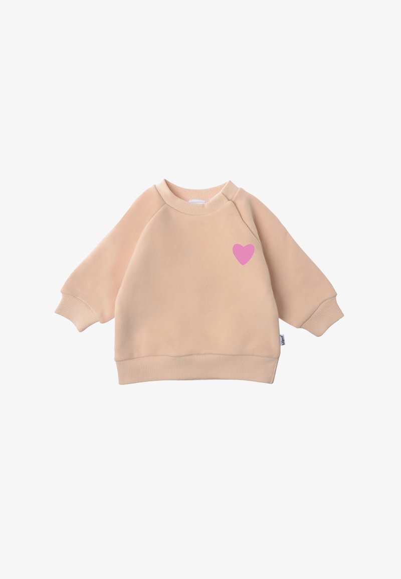 Hellbeige Sweatshirt aus weichem Stoff, mit einem pinken Herzensgrafik auf der Brust, Ribbelbündchen und Saum.