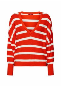 Rot-weißer gestreifter Strickpullover mit V-Ausschnitt, langen Ärmeln und gerippten Bündchen. Besitzt einen kräftigen Farbkontrast und eine lockere Passform.