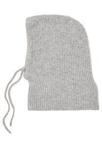 Graue Strickmütze mit geripptem Muster und langem Schnitt. Mit Bändern auf jeder Seite zur Anpassung oder für einen sicheren Sitz.