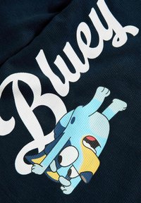 Modré tričko s kulatým výstřihem, které zobrazuje karikaturu psa v odstínech modré a žluté, s bílým textem "Bluey" tučnými písmeny.