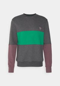 Sudadera gris con una franja horizontal verde, mangas moradas, puños acanalados y un pequeño logotipo bordado en el pecho.