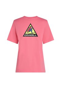 Lyserød bomulds-T-shirt med et trekantet grafisk design med en surfer og mærket "O'Neill" i sort på bagsiden. Korte ærmer.