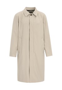 Cappotto impermeabile beige con taglio dritto, dotato di colletti con bottoni, chiusura frontale nascosta e due tasche laterali. Realizzato in un materiale morbido e impermeabile.
