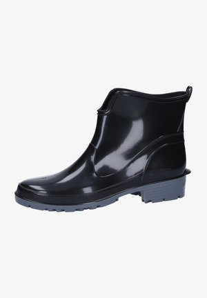 Black rubber ankle boots with a glossy finish, featuring a rounded toe and a textured gray sole for improved traction.