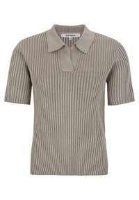 Korte mouwen polo in lichtgrijs geribbeld breiwerk, voorzien van een kraag en een halve knopenlijst, met een textuur en gestructureerd ontwerp.