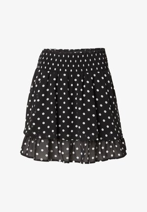 Schwarzer Rock mit weißen Punkten, ausgestattet mit einem gesmokten Taillenbund und einem mehrlagigen Rüschensaum, aus leichtem Stoff gefertigt.