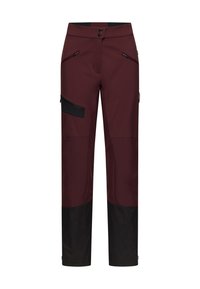 Bordeauxrode outdoorbroek met zwarte accenten, voorzien van een met rits afsluitbare zijzak, verstevigde onderbenen en een knoopsluiting in de taille.