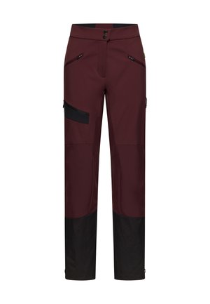 Maroonfarbene Outdoorhose mit schwarzen Akzenten, ausgestattet mit einer seitlichen Reißverschlusstasche, verstärkten Unterschenkeln und einem Knopfverschluss an der Taille.