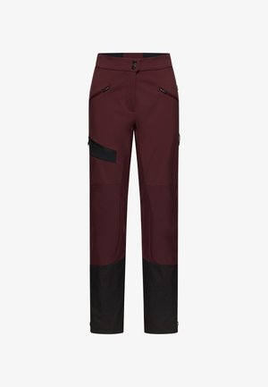 Maroonfarbene Outdoorhose mit schwarzen Akzenten, ausgestattet mit einer seitlichen Reißverschlusstasche, verstärkten Unterschenkeln und einem Knopfverschluss an der Taille.
