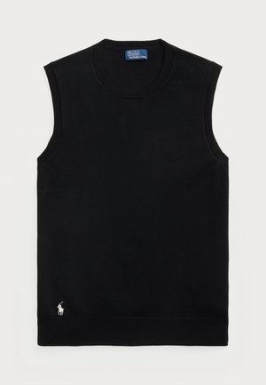 Schwarzer ärmelloser Baumwollpullover mit rundem Ausschnitt. Enthält ein kleines weißes Logo in der unteren linken Ecke und gerippte Abschlüsse.