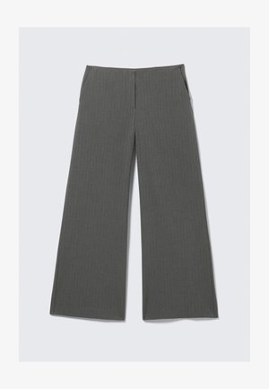 Grey wide-leg trousers with a subtle pinstripe pattern, featuring two side pockets and a smooth waistband design.