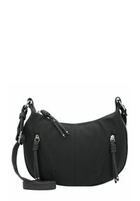 Borsa a tracolla nera in pelle con forma curva, caratterizzata da due tasche con zip, tracolla regolabile e superficie testurizzata con dettagli in argento.