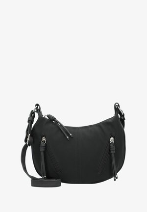 Sac en cuir noir en bandoulière avec une forme incurvée, doté de deux poches zippées, d'une sangle réglable et d'une surface texturée avec des ferrures en argent.
