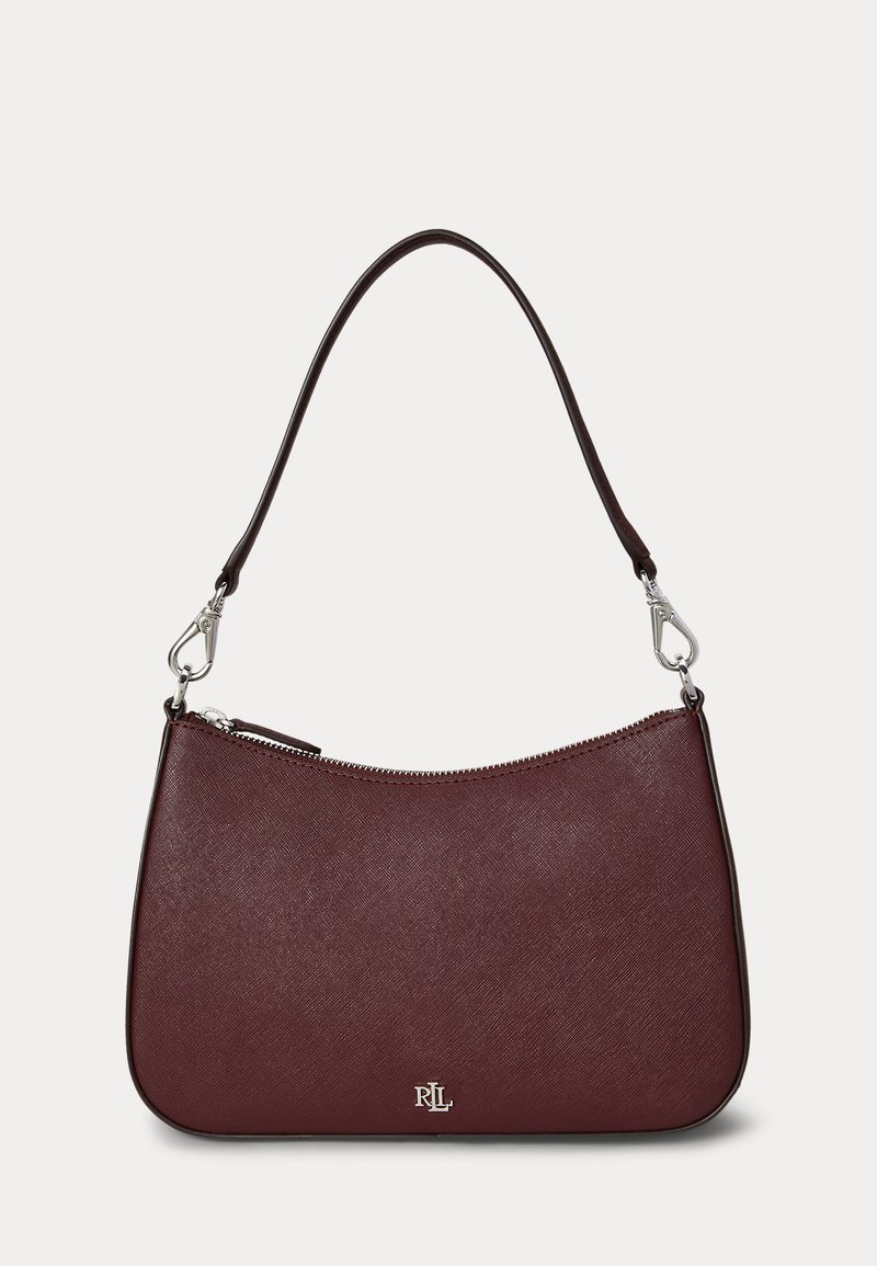 Borsa a tracolla in pelle bordeaux scura con cerniera e fibbia argentata, piccolo logo RL al centro davanti e una tracolla singola removibile.