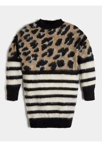 Pull en maille avec un imprimé léopard beige et noir sur des rayures horizontales noires et blanches. Col rond et manches longues.