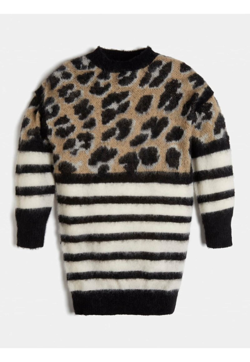 Pull en maille avec un imprimé léopard beige et noir sur des rayures horizontales noires et blanches. Col rond et manches longues.
