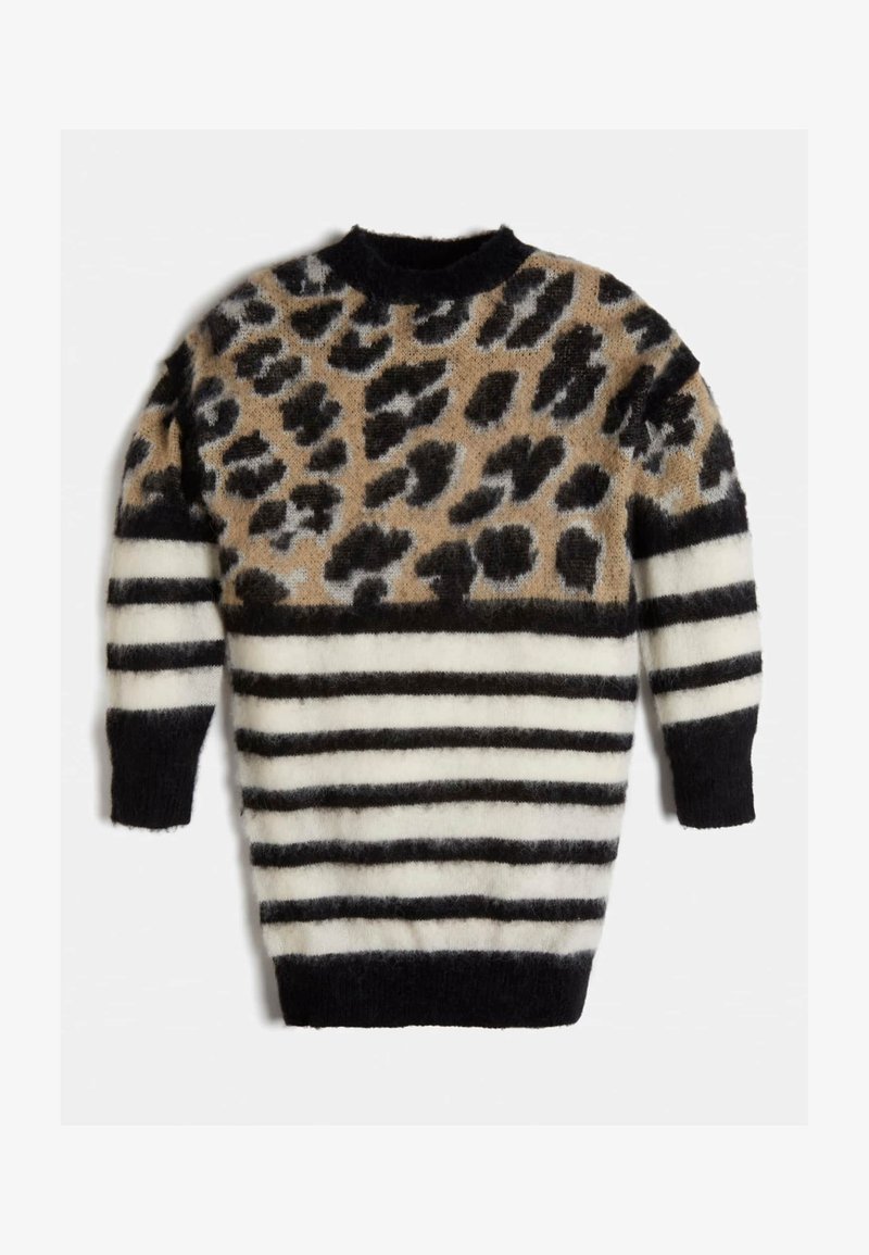 Pull en maille avec un imprimé léopard beige et noir sur des rayures horizontales noires et blanches. Col rond et manches longues.