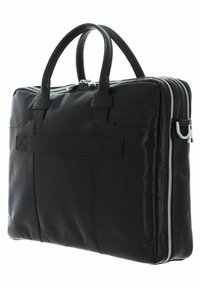 Svart läderlaptopväska med dubbla handtag, dragkedjestängning och framficka. Har en slät yta och detaljer i silver.