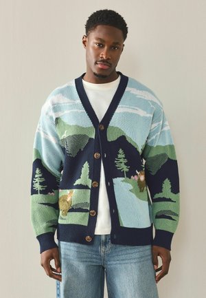 Man wearing a buttoned cardigan with a nature scene including trees, deer, mountains, and a river over a white shirt and jeans.