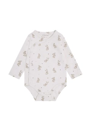 Hvid langærmet babybody med trykknapper, med små beige kaniner og polkaprikker over det hele.