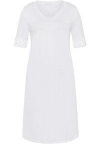 Valkoinen puuvillamekko, jossa on V-pääntie ja lyhyet hihat, joissa on pitsireunukset hihansuiden ja kaula-aukon ympärillä. Yksinkertainen ja rento malli.