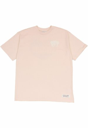 Light pink short-sleeve t-shirt with small white graphic on left chest and a rectangular label near the bottom hem on the front.