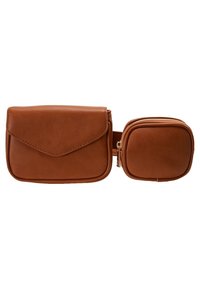Bruine nepleder heuptas met een rechthoekig hoofdcompartiment en een kleinere ritszak. Heeft een gladde textuur en een envelopflap.